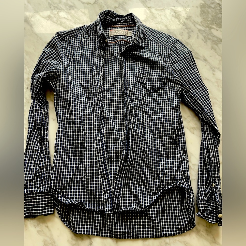 Shipley & Halmos Dark Blue/light blue/white Plaid Check Button down, size XS